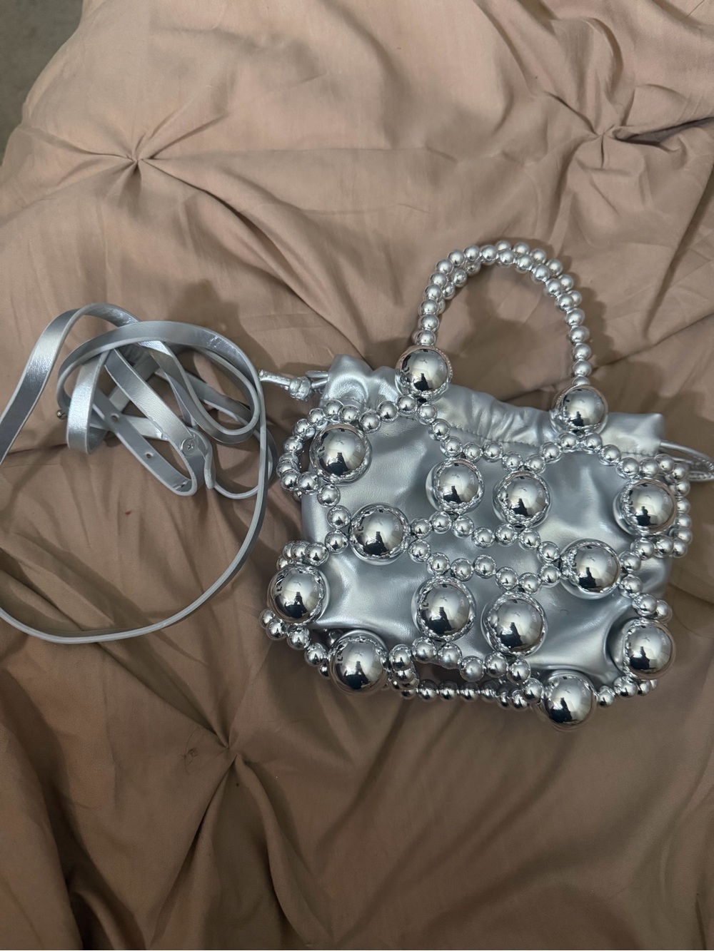 Silver Beaded Mini Shoulder Bag with Top Handle